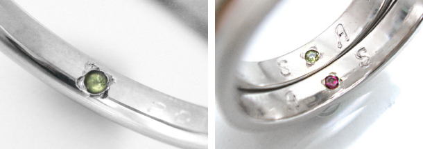 純チタン製結婚指輪（マリッジリング）の内側に誕生石をセッティングした様子