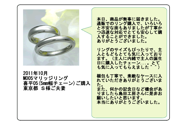 金属アレルギー対応の結婚指輪（マリッジリング・ペアリング）m005、純チタンリングr002のお客様の声2011年10月